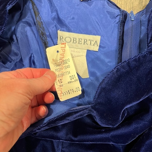 ROBERTA 11/12 Royal Blue Velvet Green Dress Vintage 80’s Off Shoulder Scalloped - Picture 8 of 11